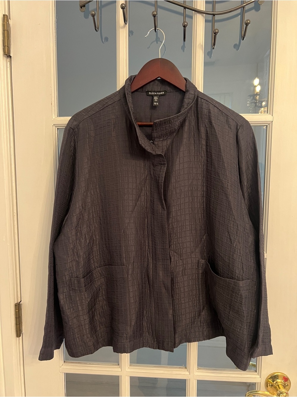 EILEEN FISHER Women’s Gray Silk Linen Textured Jacket Mandarin Collar Pockets XL